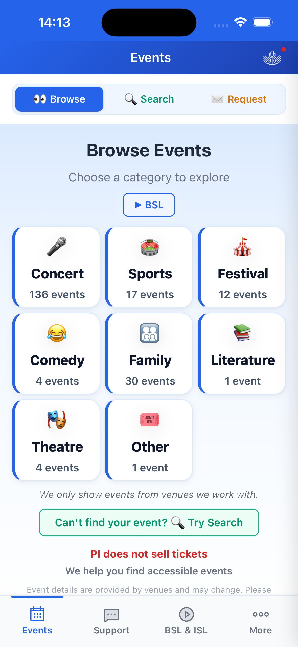 Browse events screen